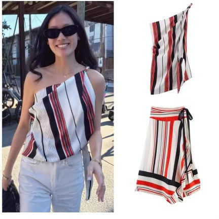 Women's Striped Asymmetric Top + Asymmetric Skirt