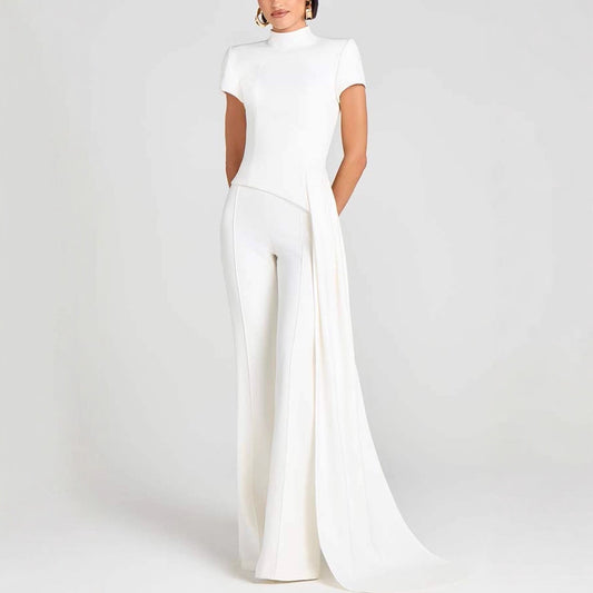 Fashionable Short Sleeve High Neck Casual Set with Long Pants for Women
