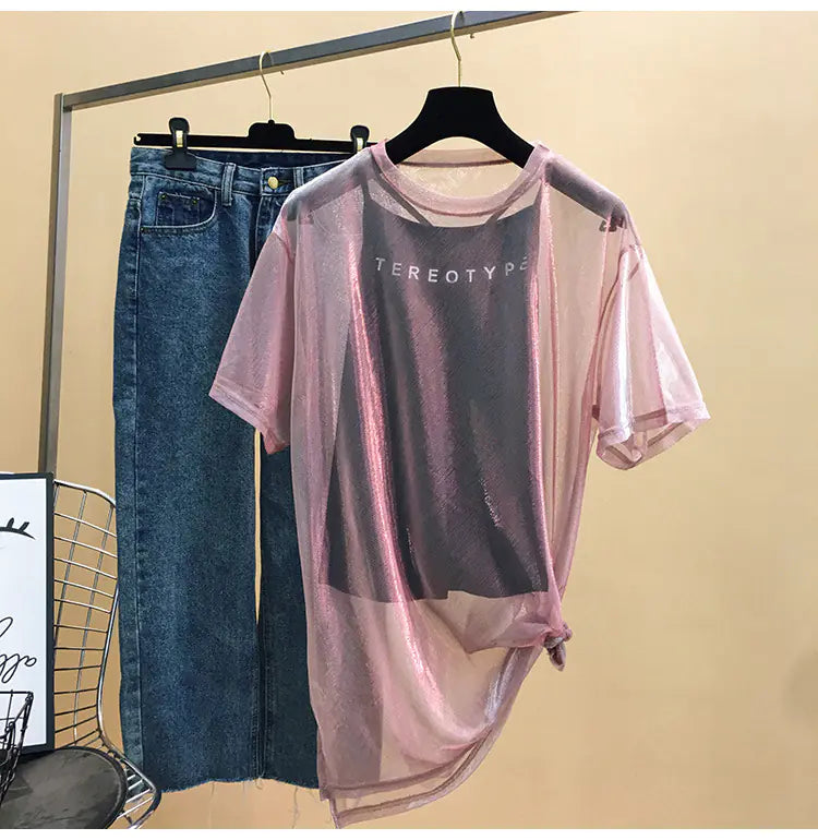 Mesh Ice Silk Short Sleeve Top with Camisole Set