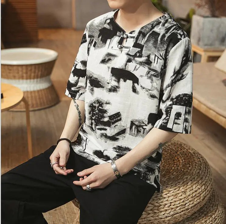 Plus Size Chinese Style Printed Short Sleeve T-Shirt