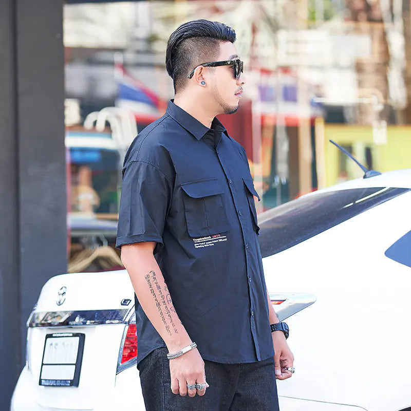 Plus Size Black Short Sleeve Printed Shirt for Men