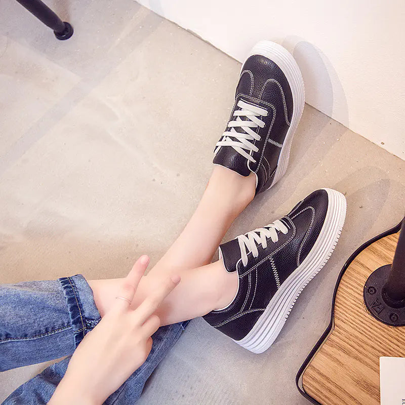 Thick Sole White Sneakers, Korean Style Lace-Up Shoes