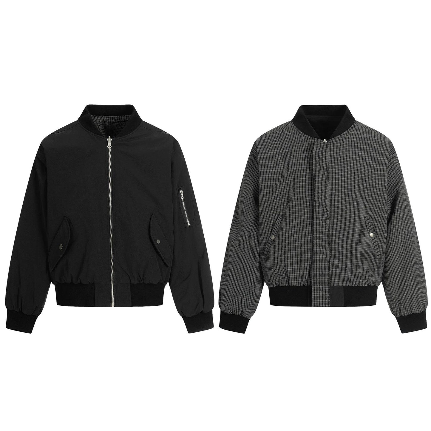 Double-Sided Flight Jacket Unisex Short Wide Box Fit Simple Plaid Loose Retro Casual Outerwear