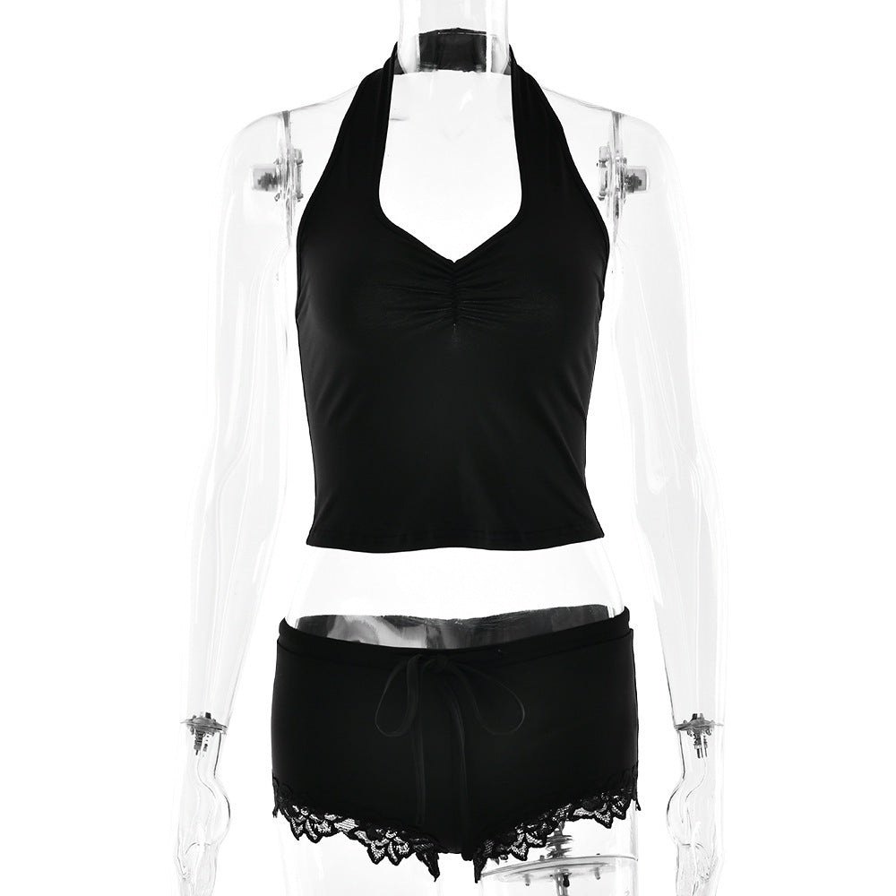 Export Summer New Lace Hem Hot Pants Set Sexy Spicy Girl Halter Tank Top Two-piece Set