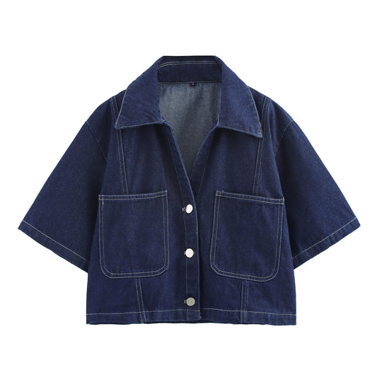 Women's Short Denim Shirt + Double-Breasted Skirt Trousers Set