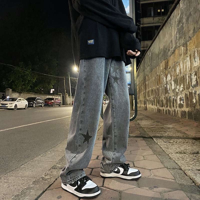 European and American high street Vibe pants Instagram trendy pentagram smoke gray jeans men's loose straight leg wide leg pants autumn and winter