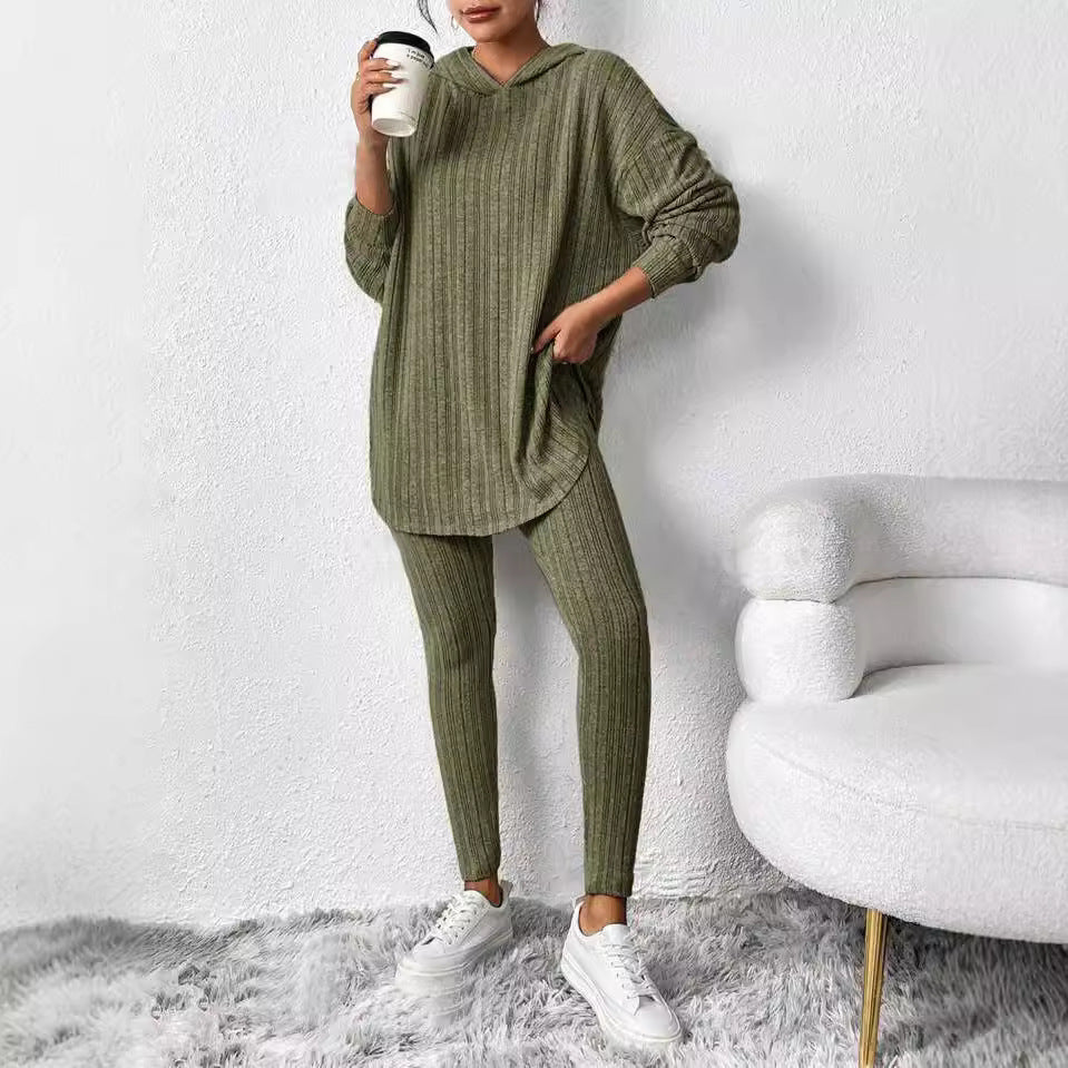 Autumn and Winter Style Loose Hooded Long Sleeve Casual Trousers Ribbed Suit