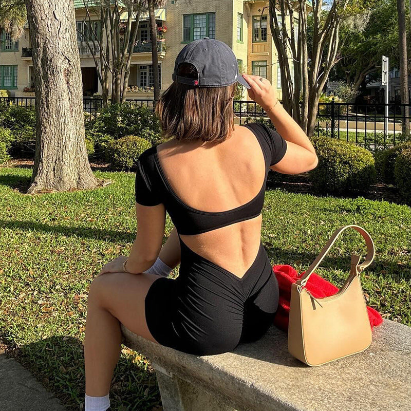 Style Sexy Backless Fitted Short Sleeve U-Neck Jumpsuit Solid Color Tight Jumpsuit Y2K