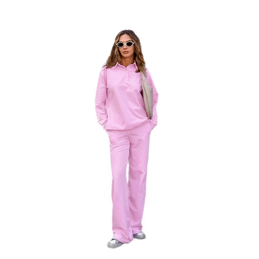 Hoodie Set Women's Polo Collar Long Sleeve Pants High-Grade Trendy Casual Two-Piece Set