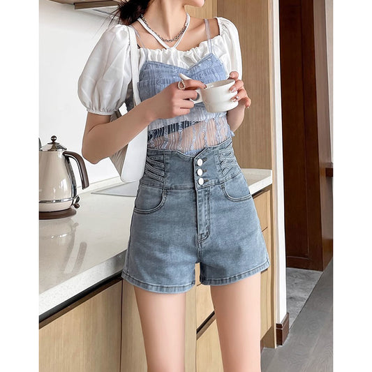 Casual Buttoned Denim A-Line Shorts for Women High-Waisted Slimming Straight-Leg Jeans