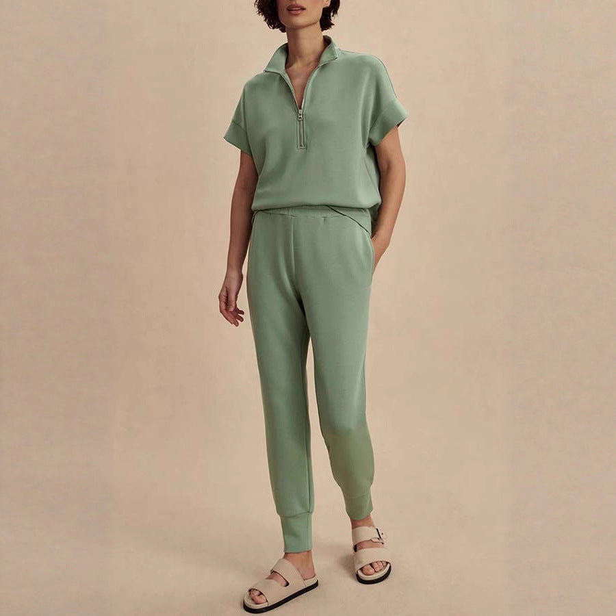 Autumn and Winter New Short Sleeve Zipper Collar Suit INS Loose Casual Long Pants Two-Piece Set for Women