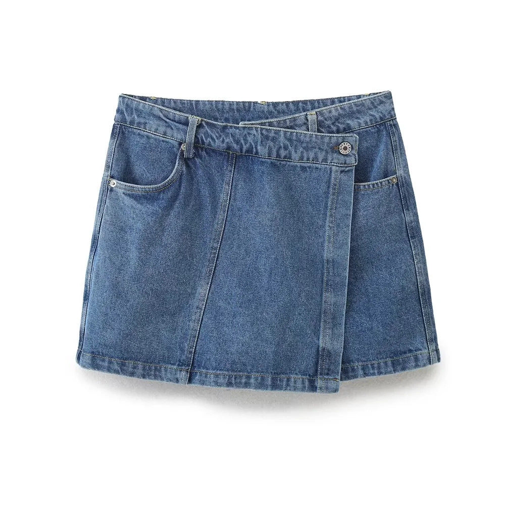 Women's Fashion Denim Short Sleeve Top + Double-breasted Denim Skirt Set