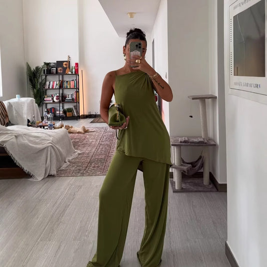 Elegant Women's Ruffled Asymmetric Sleeveless Top + Wide Leg Pants Set