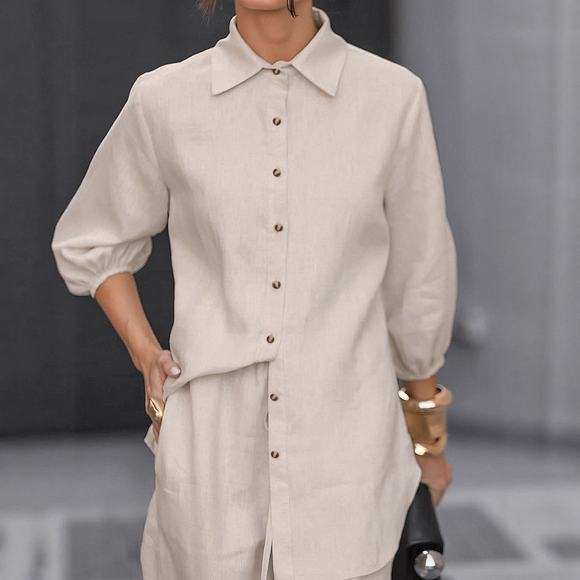 Cotton Linen Suit for Women, Elegant Loose Fit Long Sleeve Trousers Two-Piece Set