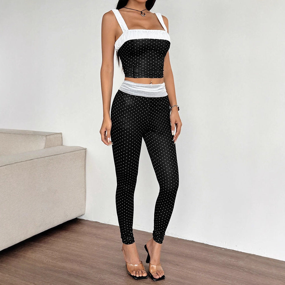 Two-Piece Set Sexy Strap Color Block Camisole Slimming Long Pants