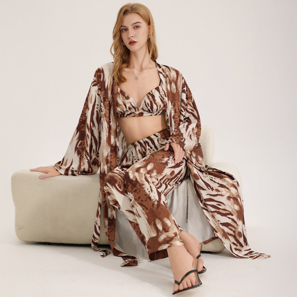 Women's summer long robe and pants three piece set