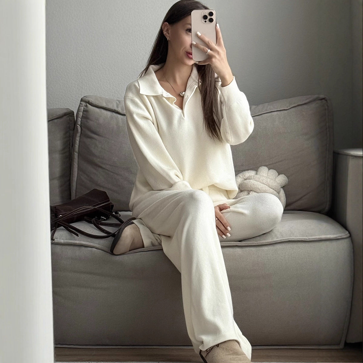 Solid Color Turn-down Collar Sweater Set Women's Loose Knit Polo Collar Sweater Wide-leg Pants Two-piece Set
