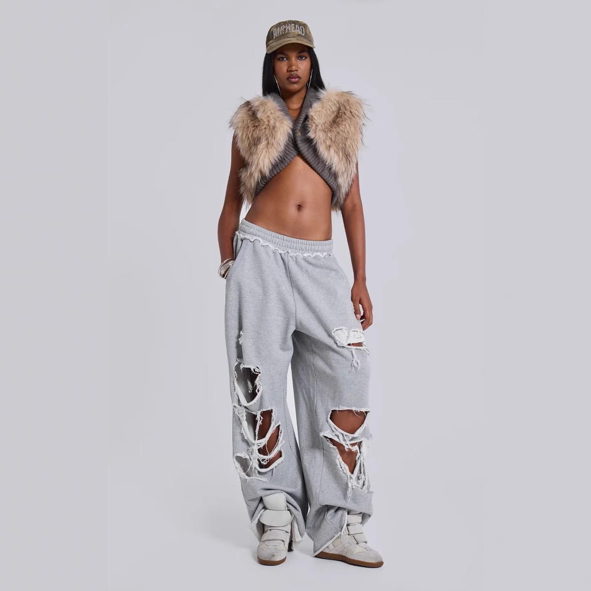 Style Trendy Casual Pants Street Hip-hop Distressed Design Wide-leg Loose Sweatpants