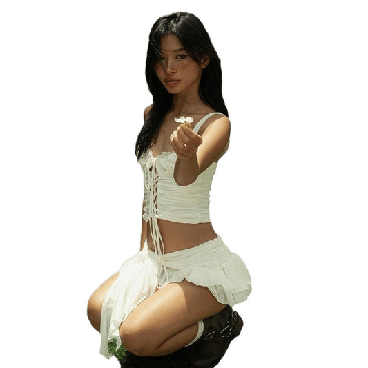 Lover's Memory  Style Pure Temptation Lace Bra Type Pleated Strap Back Top with Ruffle Double Layer Cake Skirt Set