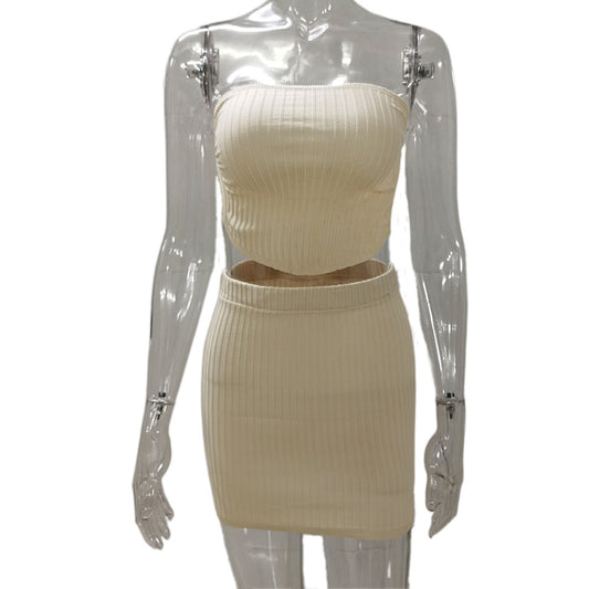 Knit Side Slit Belly-Baring and Bodycon Skirt Two-Piece Set for Women