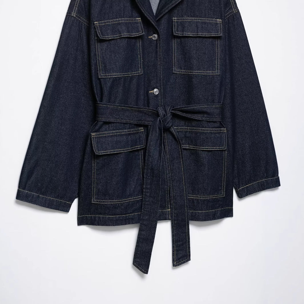 Women's Fashion Waist Belted Waistband Turn-down Collar Denim Jacket