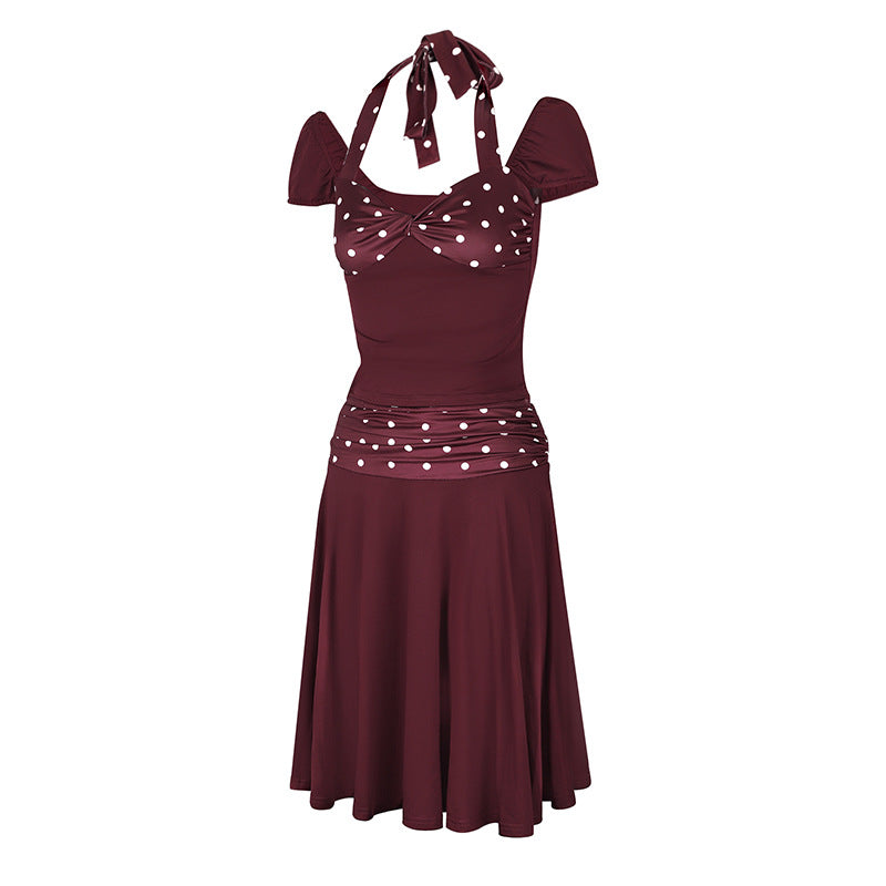 Sexy Fitted Printed Spliced Halter Top and Dress 2-Piece Set