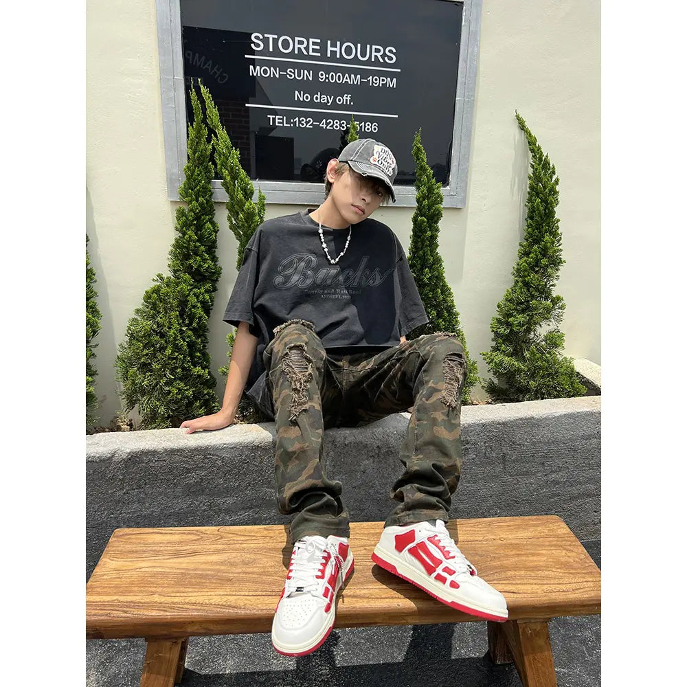 Coconut Style Military Patchwork Denim Cargo Pants
