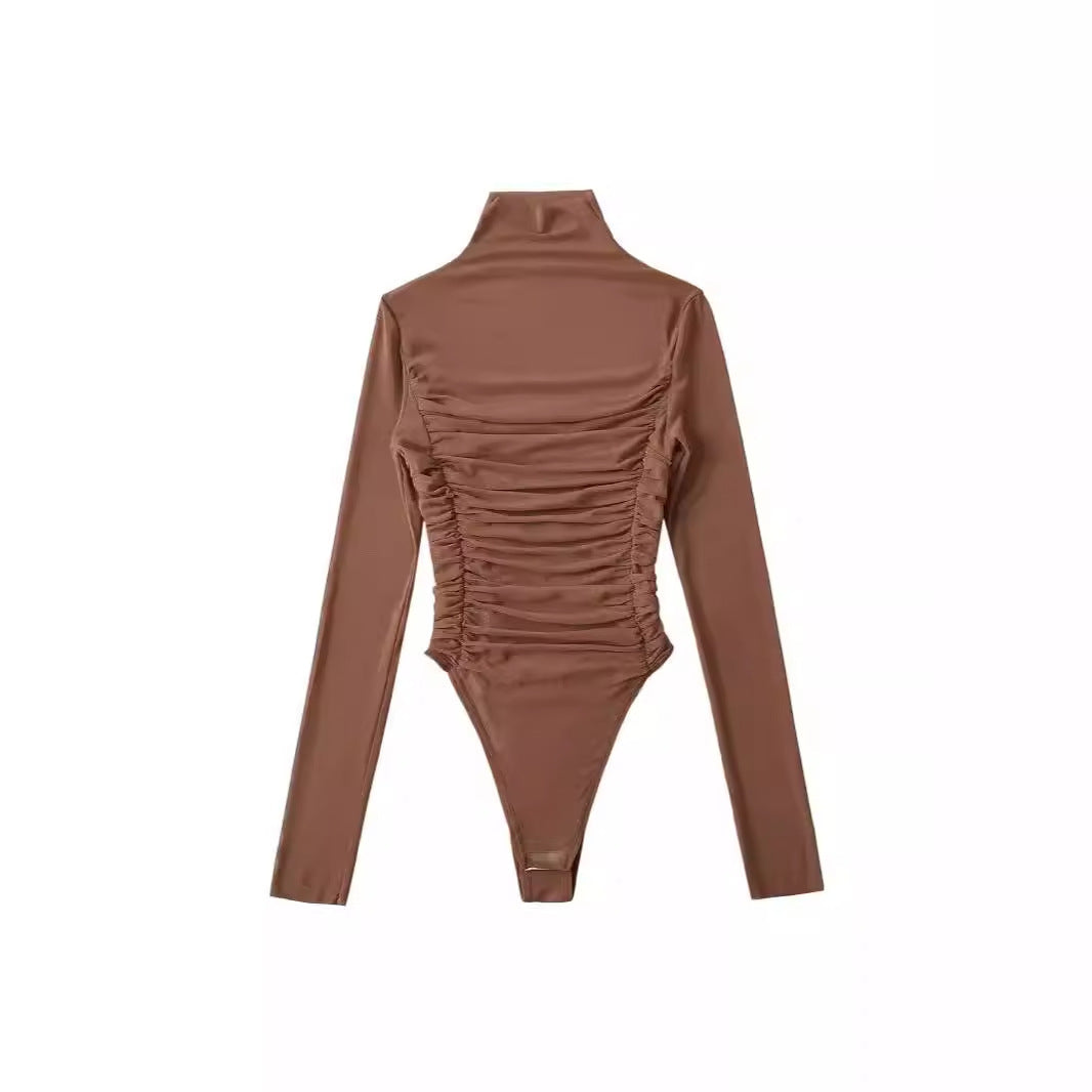 Slimming pleated high neck mesh jumpsuit