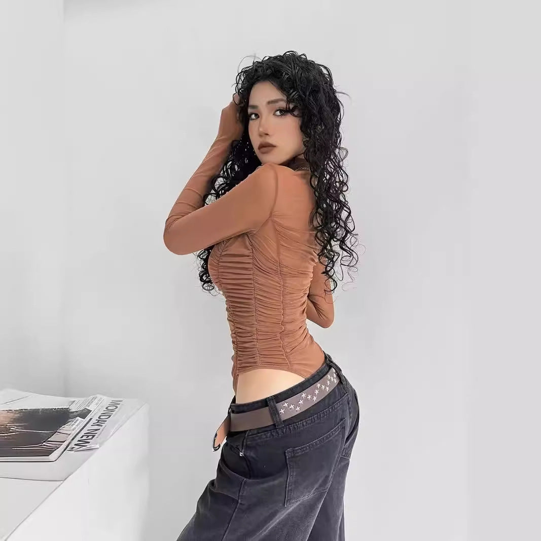 Slimming pleated high neck mesh jumpsuit