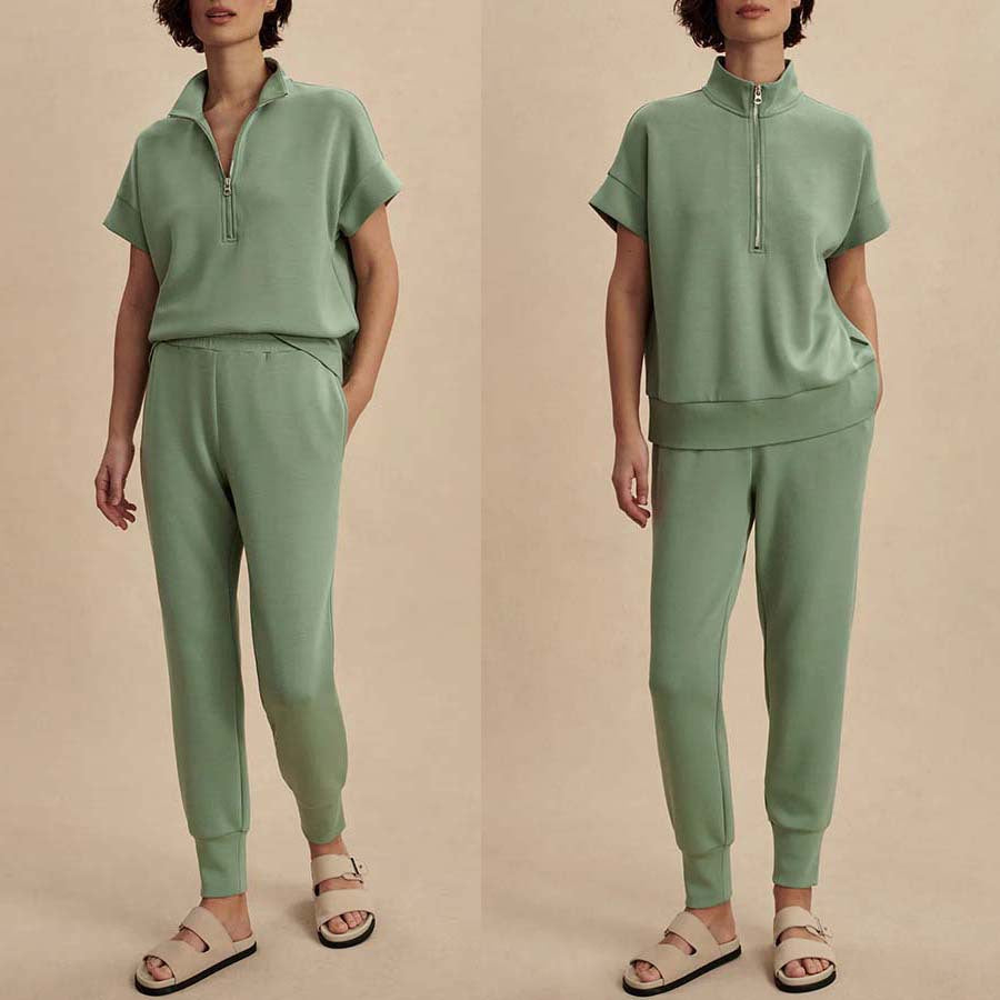 Autumn and Winter New Short Sleeve Zipper Collar Suit INS Loose Casual Long Pants Two-Piece Set for Women