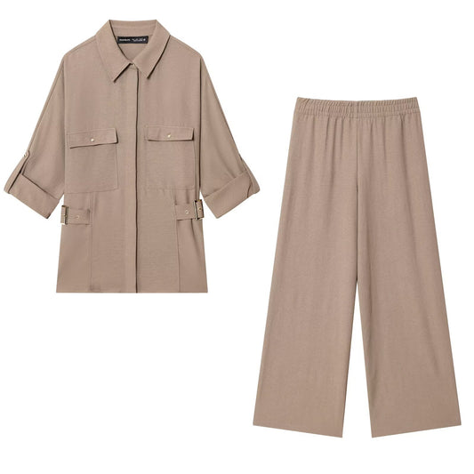 Women's Clothing Side Buckle Safari Shirt + Wide Leg Pants Set