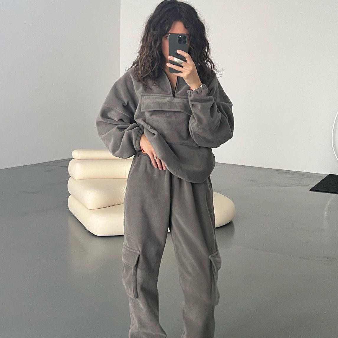 Zip Drawstring Hoodie with Large Pockets and Cuffed Pants Two-Piece Set for Women Trendy