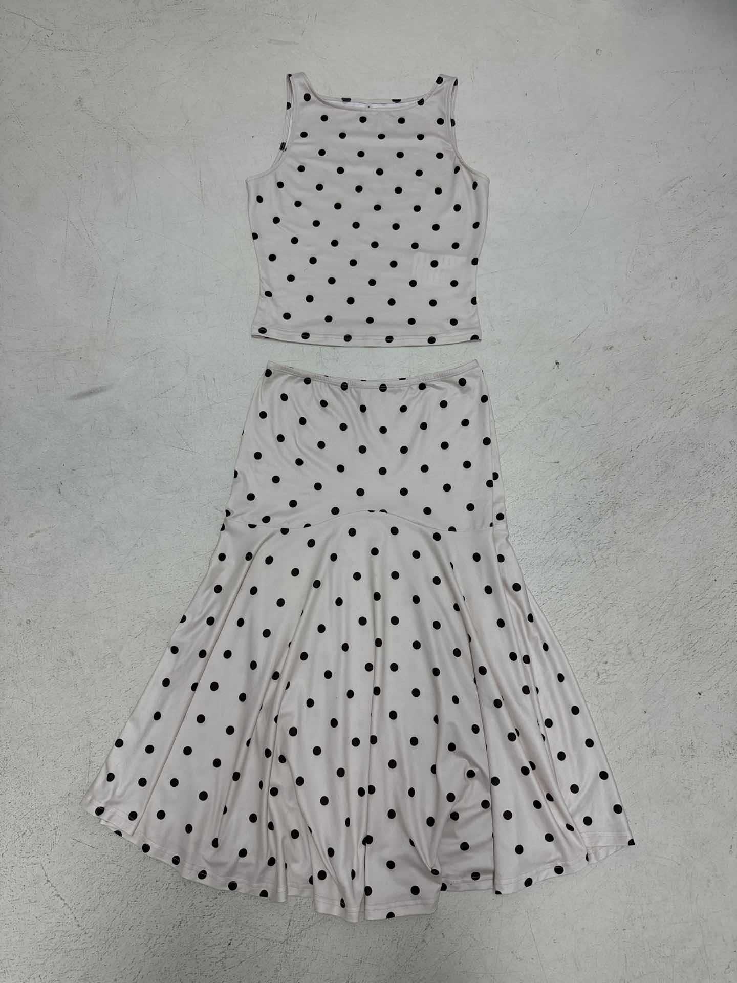 Elegant Polka Dot Sleeveless Short Top Set with Waist-Cinching Bodycon Figure-Flattering Mermaid Long Skirt