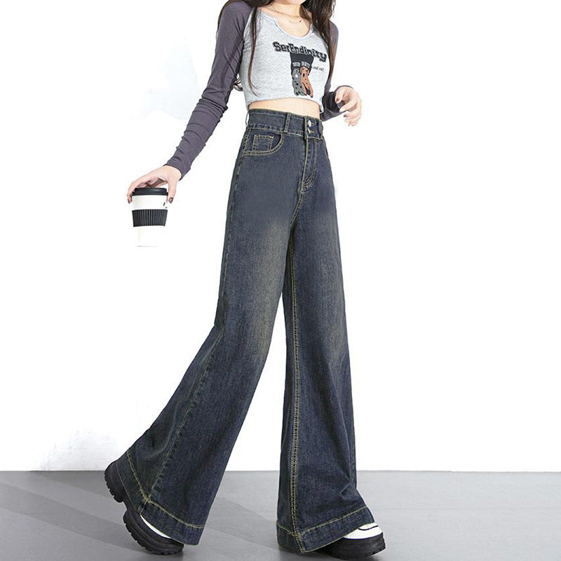 High Street Slimming Simple Double Button Straight Jeans Women's Loose Floor-Length Jeans Trendy