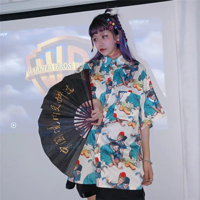 Retro Cartoon Print Loose Short Sleeve Shirt