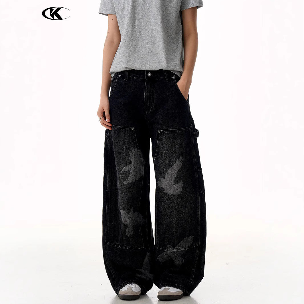 Jeans with Pigeon Pattern for Men and Women, Loose Fit Wide Leg Trousers