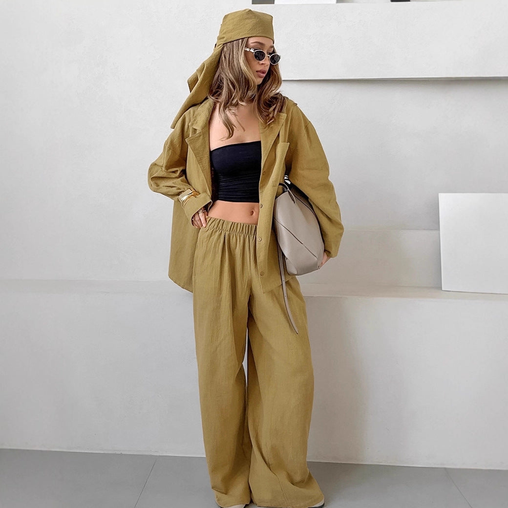 Casual Pink Bamboo Cotton Set Loose Shirt and Long Pants Two-Piece Women's Suit