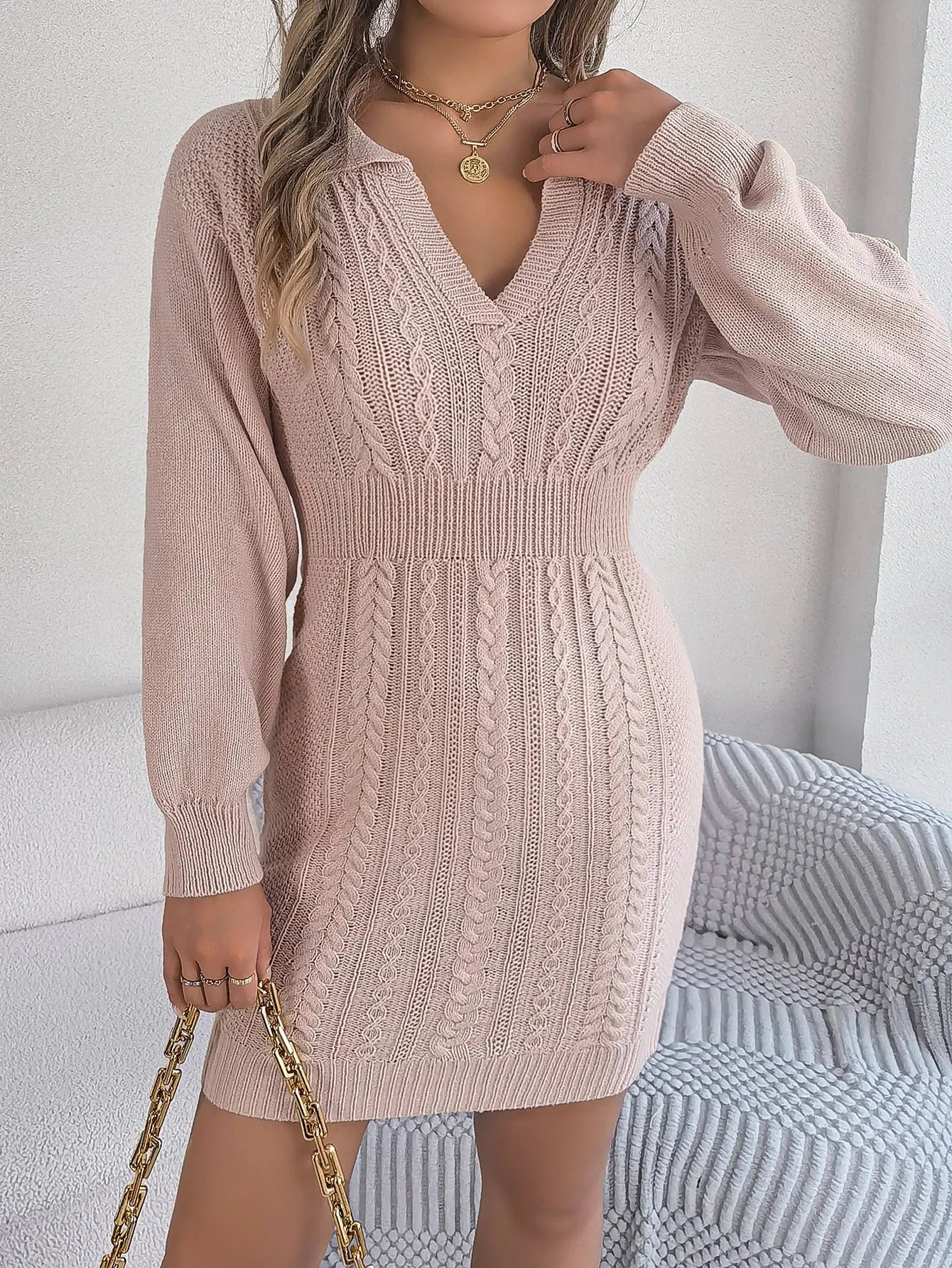 Twist Lantern Sleeve Package Hip Sweater Dress for Women