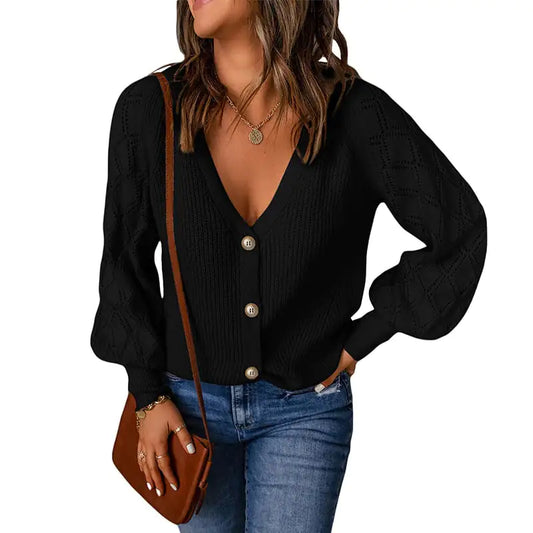 Women's Solid Color Puff Sleeve Knitted Sweater Coat