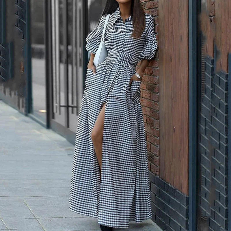 Chic Plaid Print Lantern Sleeve Maxi Dress for Women