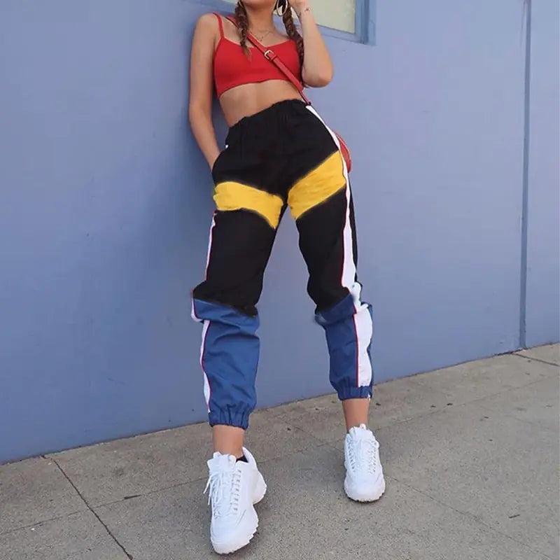 Casual Patchwork Pencil Pants with Belt Buckle