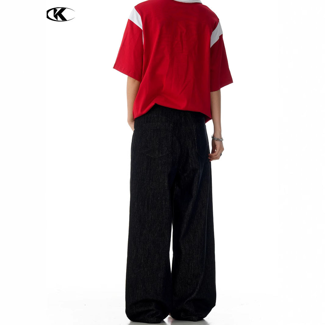Denim Jeans Faded Unisex Straight A-Line Slim Clean Fit Versatile Long Pants