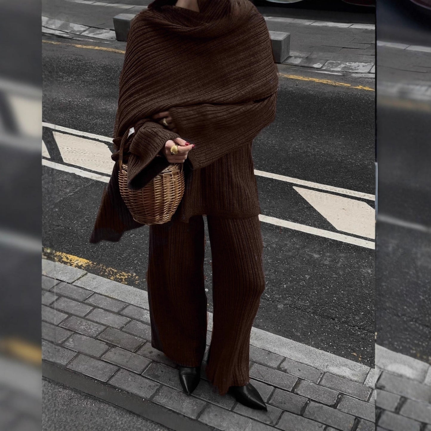 Solid Color Round Neck Cable Knit Sweater Set Women's Loose Knit Sweater Wide Leg Pants Scarf Three-Piece Set