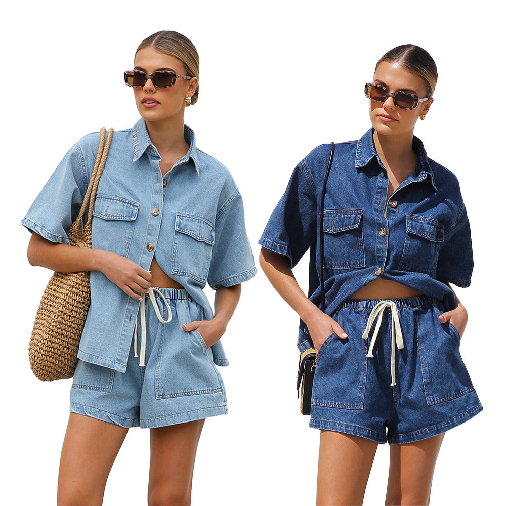 Loose pocket short sleeved shirt shorts denim two-piece set