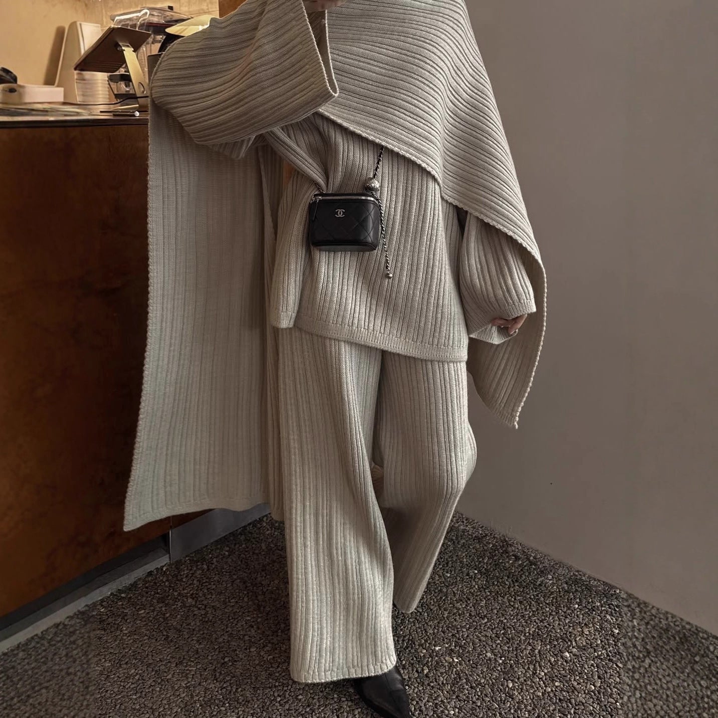 Solid Color Round Neck Cable Knit Sweater Set Women's Loose Knit Sweater Wide Leg Pants Scarf Three-Piece Set