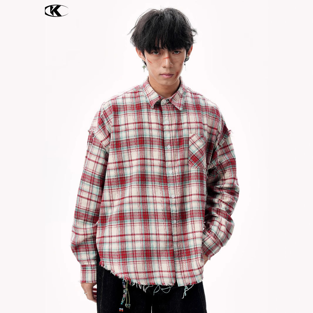 Color Block Frayed Tassel Loose Notched Collar Trendy Button Down Shirt