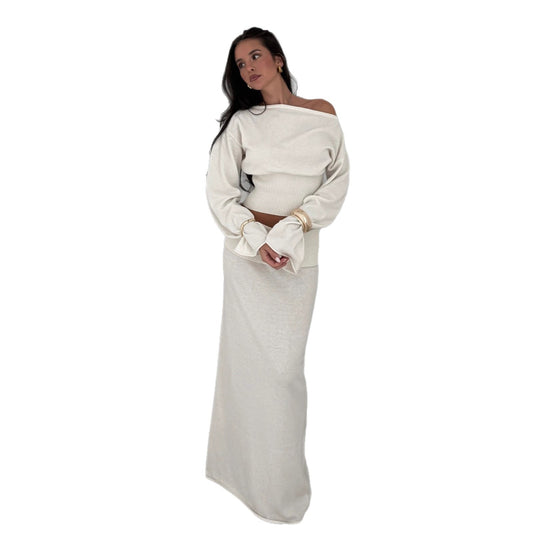 Sexy One-Shoulder Polar Fleece Long Sleeve Top and High-Waist Folded Waistband Versatile Skirt Two-Piece Set