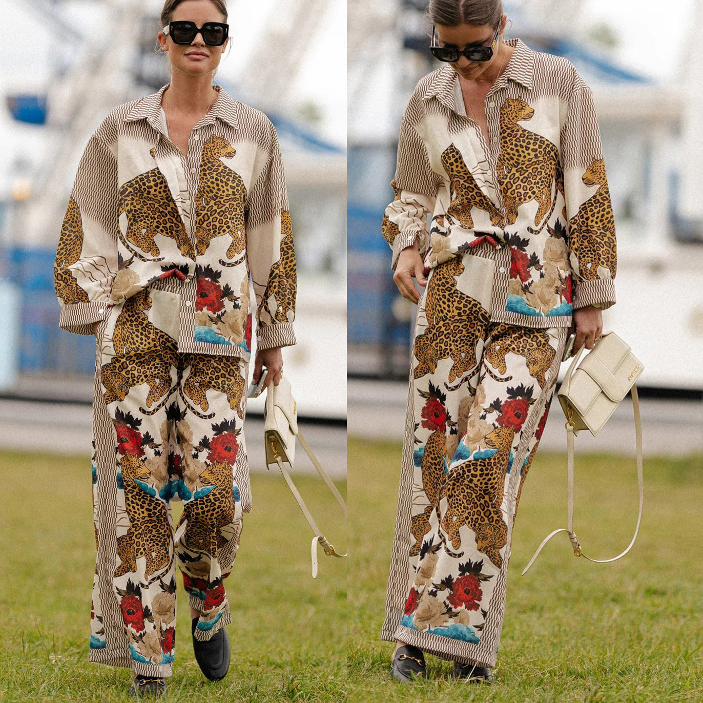 Long Sleeve Casual Vacation Two-Piece Set INS Loose Printed Pocket Practical Suit