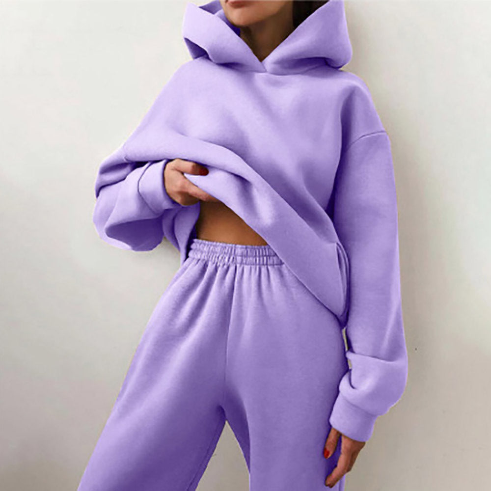 Women's Spring Hooded Set Solid Color Casual  Sports Sweatshirt Set