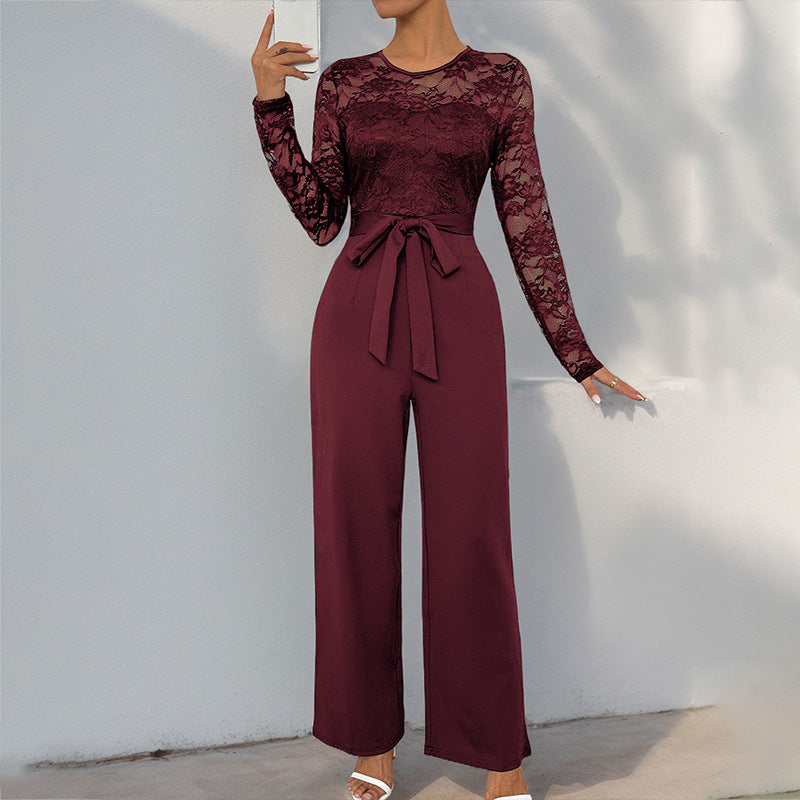 Elegant Lace Splicing Commuter Belted Jumpsuit